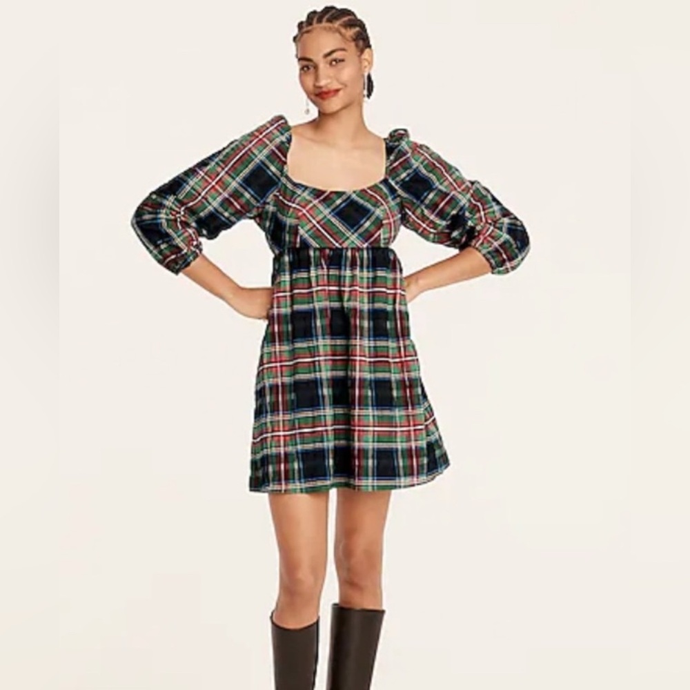 New J Crew Stewart Tartan Plaid Puff Sleeve Dress Size 4